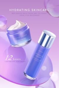 Two dark grey and orange tubes of Formlox Pure Glow Moisturizing Cream resting on floating geometric blocks against a bright blue sky with clouds.